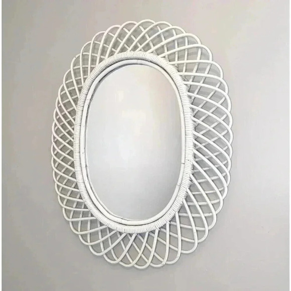 Rosenthal Netter White Rattan Bamboo Large Oval Mirror MCM Boho Italy Flower 50s - Picture 1 of 16
